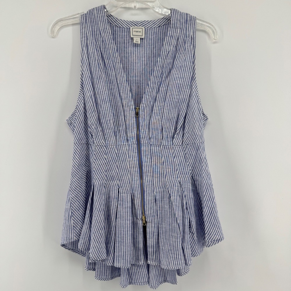 Maeve Viki Top Peplum Women M Blue White Striped Zip Front Linen Blend Cinch